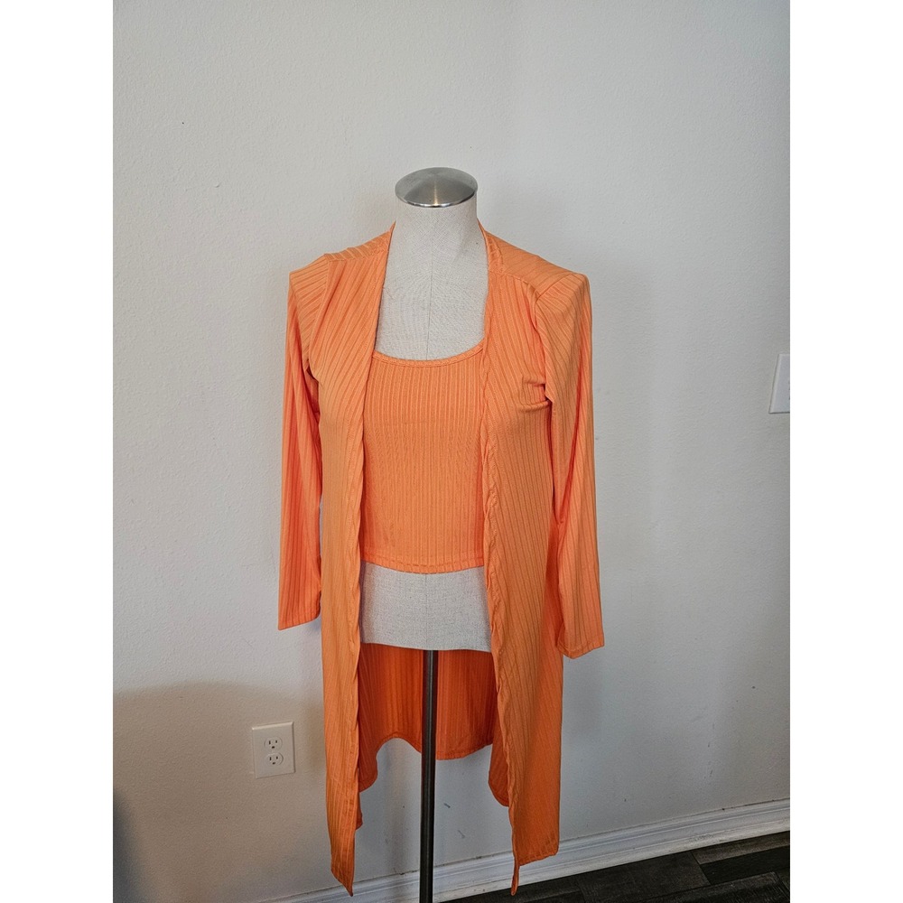 Orange Ribbed Knit 3 Piece Lounge Set Cardigan Crop Tank Leggings Womens Medium